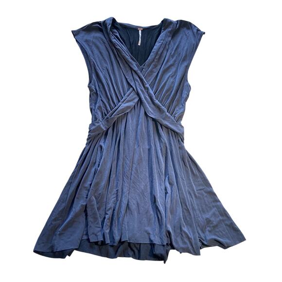 Free People Cupro Drape Boho Mini Dress Wrap Flow Goddess Dusty Blue Size XS - Picture 1 of 8
